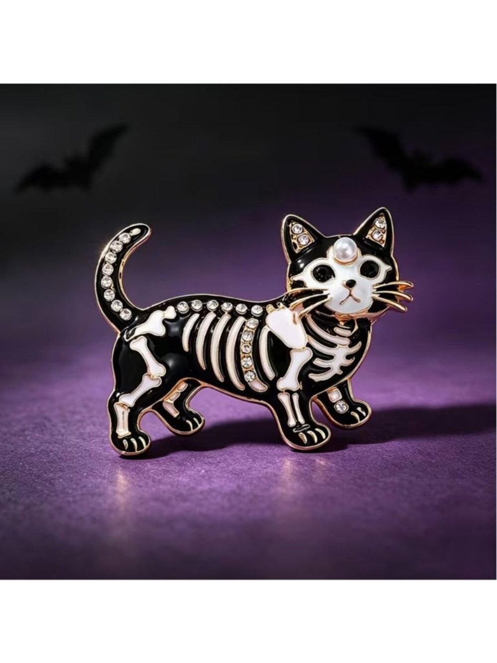 Halloween Cat Skeleton Enamel Brooch With Rhinestones